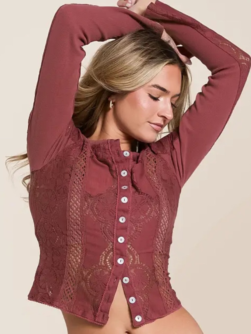 Free People Dusty Rose Lace-Trim Button Down Crop Top